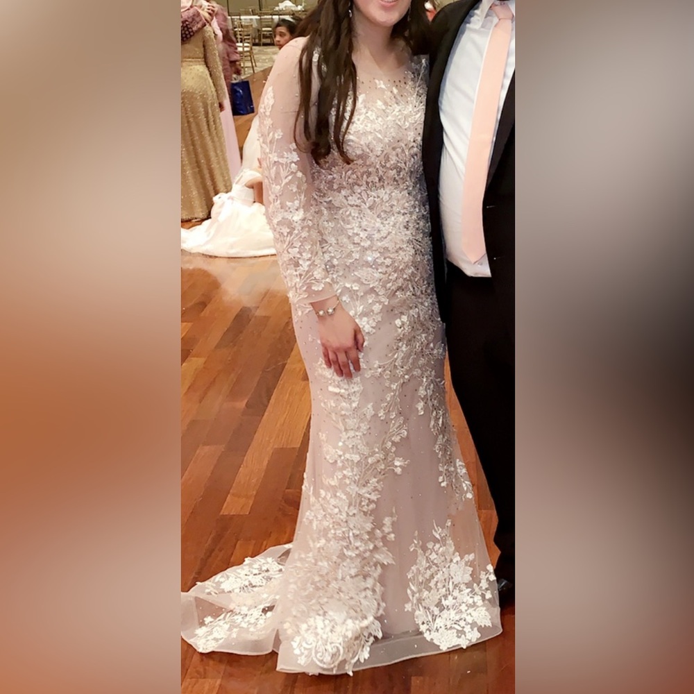 Blush pink long sleeve evening gown